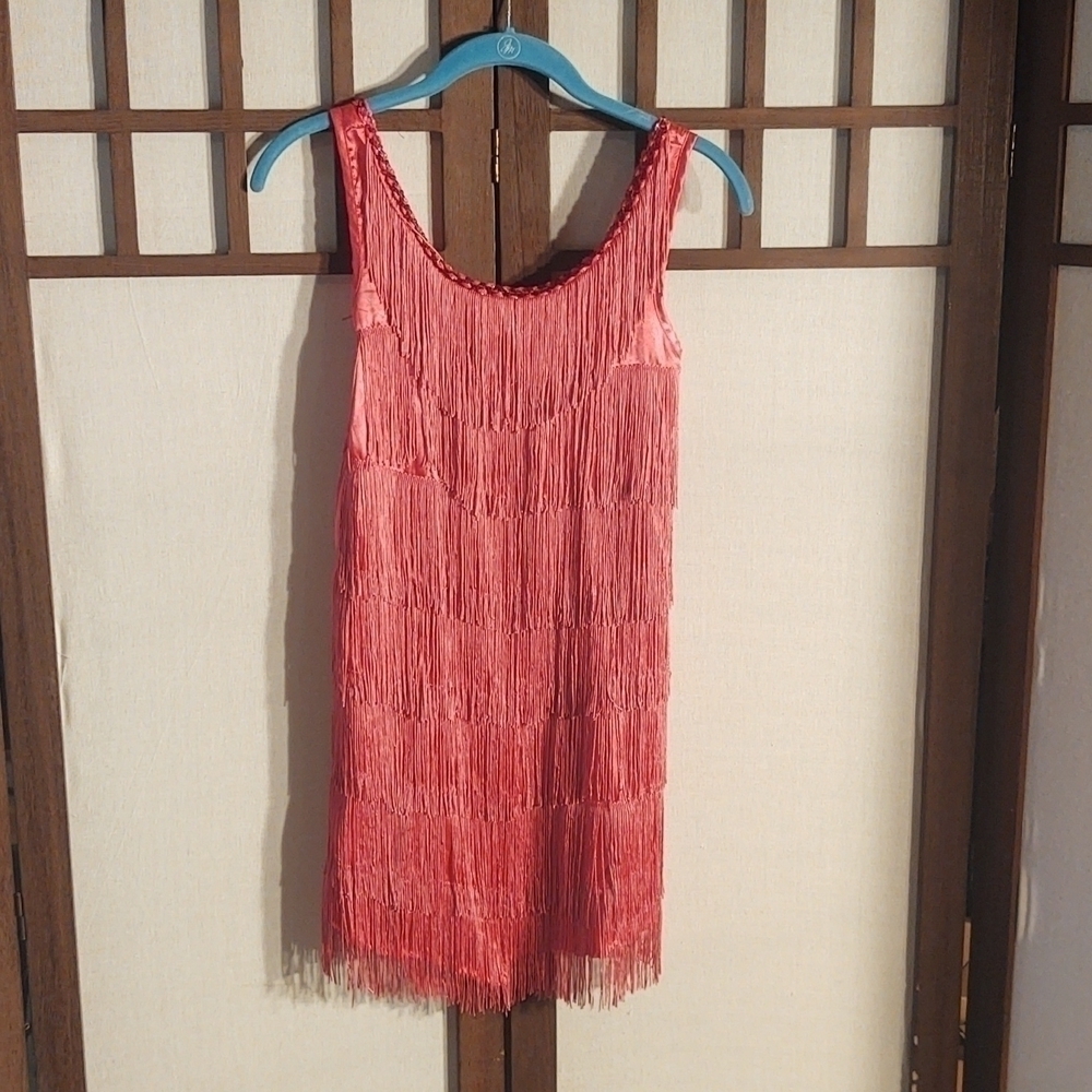 Hot Pink Flapper Costume with Tiers of Fringe and a Sequin Embellished Neckline